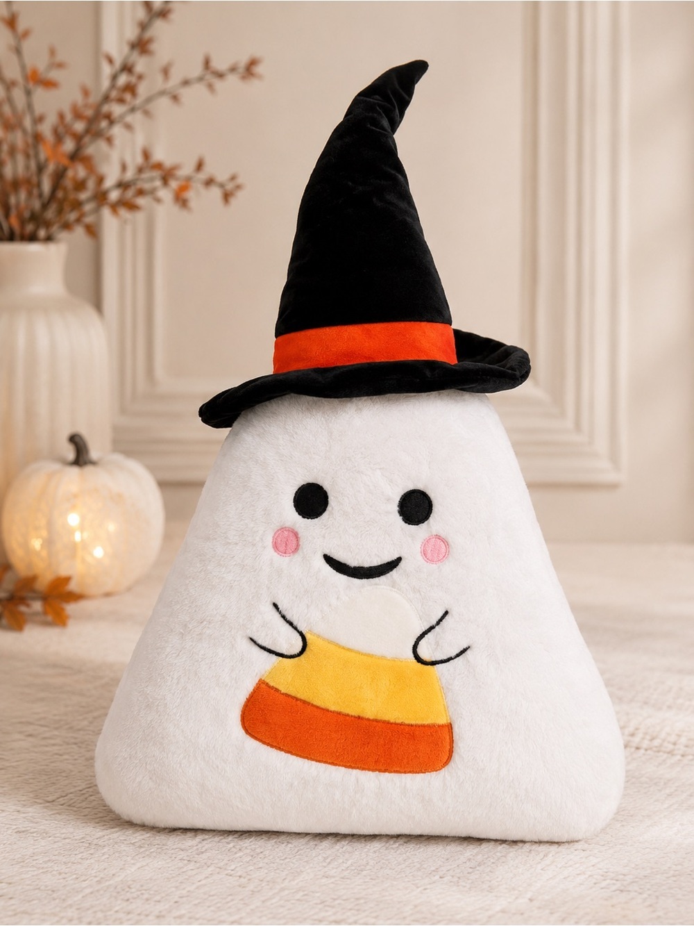 Halloween Candy Corn Ghost Throw Pillow Plush with Witch Hat New